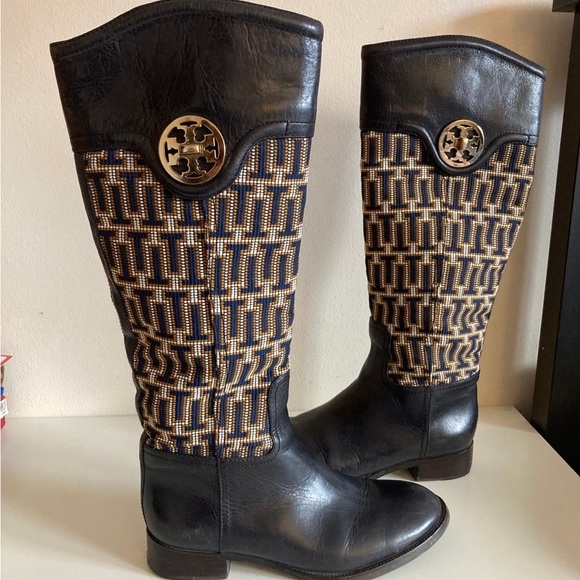 Tory Burch Black and Tan Knee-High Boots - Picture 1 of 11